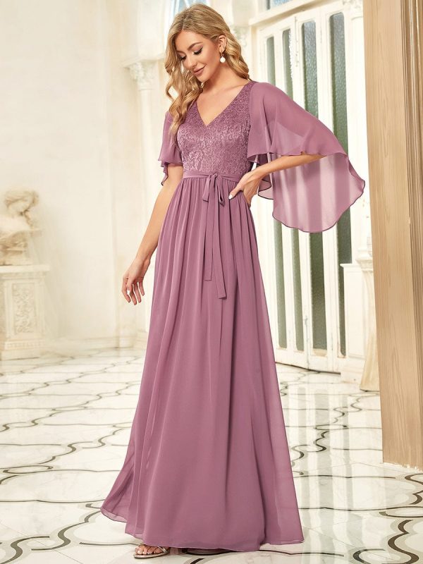 Elegant Lace Detail Deep V Neck Evening Gown - Image 16