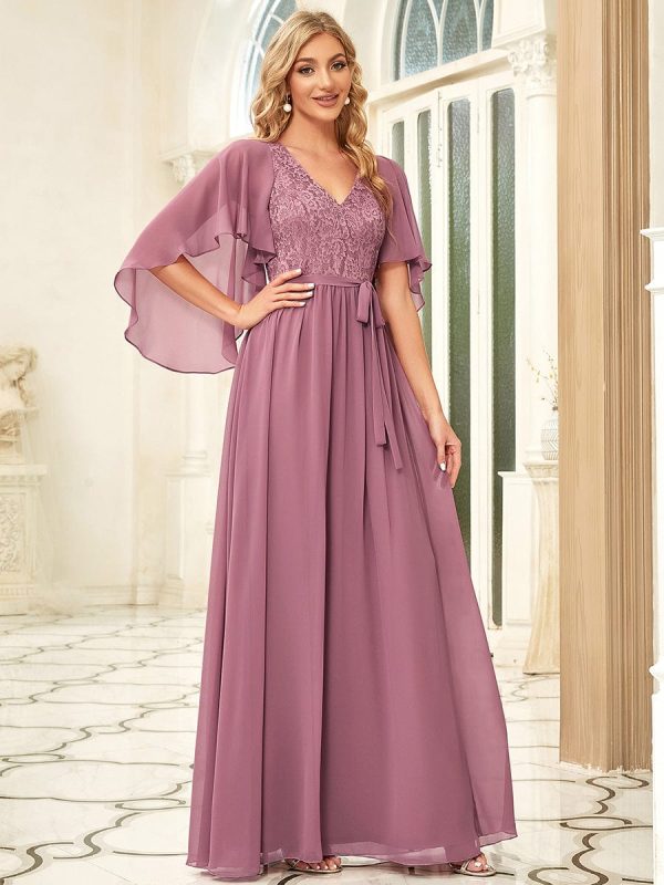 Elegant Lace Detail Deep V Neck Evening Gown - Image 17