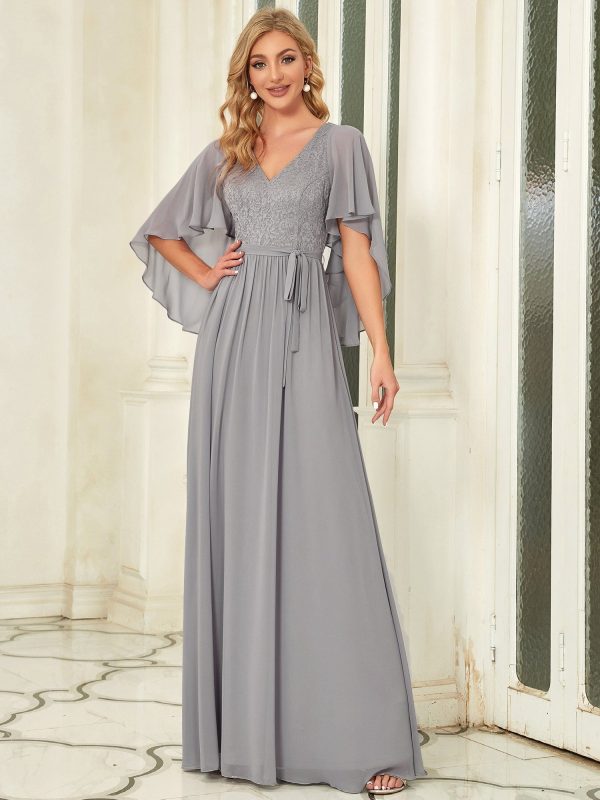 Elegant Lace Detail Deep V Neck Evening Gown - Image 21