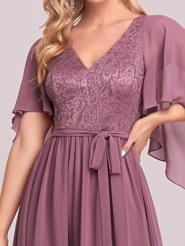 Elegant Lace Detail Deep V Neck Evening Gown - Image 20