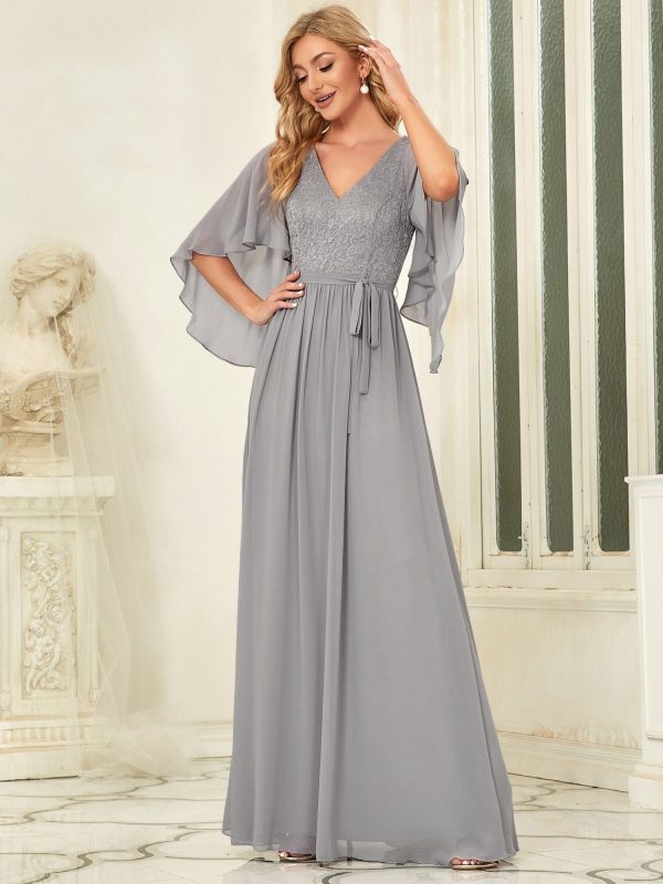 Elegant Lace Detail Deep V Neck Evening Gown - Image 23