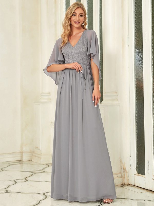 Elegant Lace Detail Deep V Neck Evening Gown - Image 24