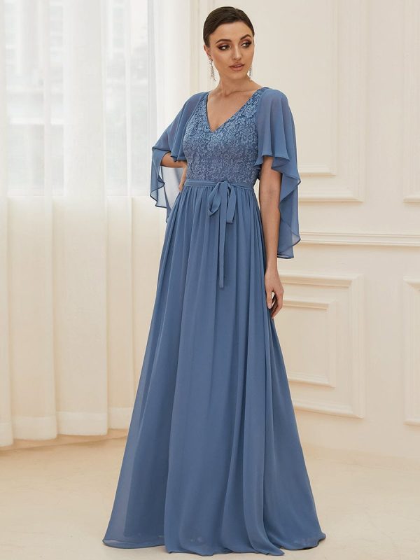 Elegant Lace Detail Deep V Neck Evening Gown - Image 25