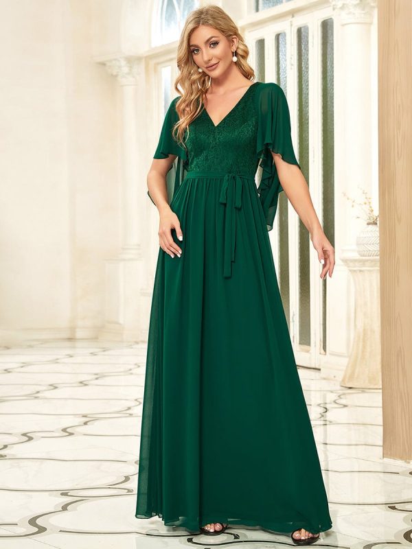 Elegant Lace Detail Deep V Neck Evening Gown - Image 27