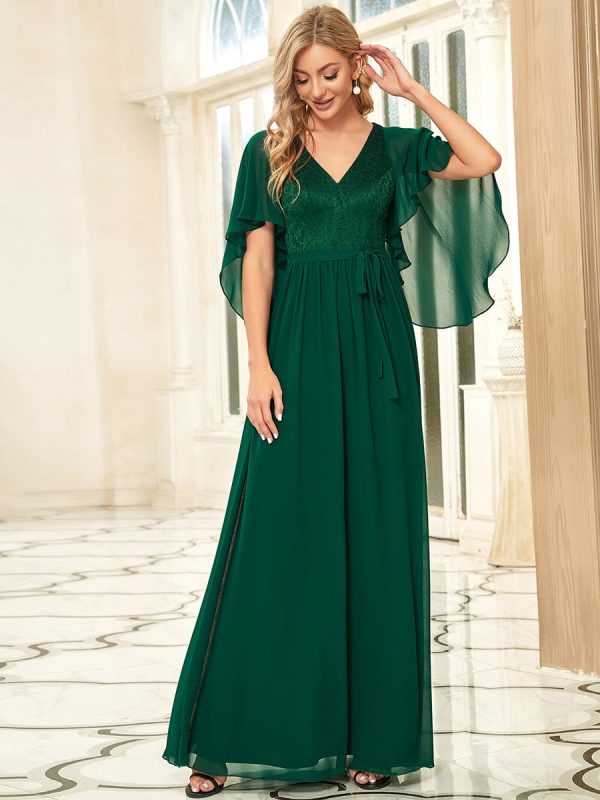 Elegant Lace Detail Deep V Neck Evening Gown - Image 30