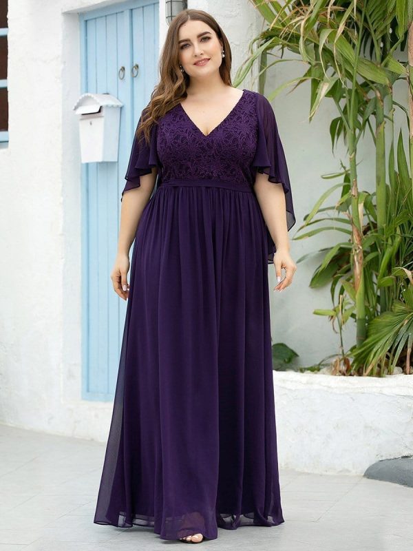 Elegant Lace Detail Deep V Neck Evening Gown - Image 12