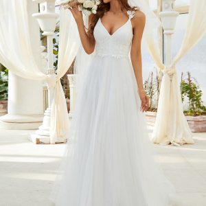 Elegant Lace Tulle Wedding Gown with Double V-Neck