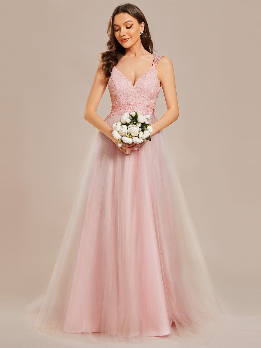 Elegant Lace Tulle Wedding Gown with Double V-Neck - Image 12