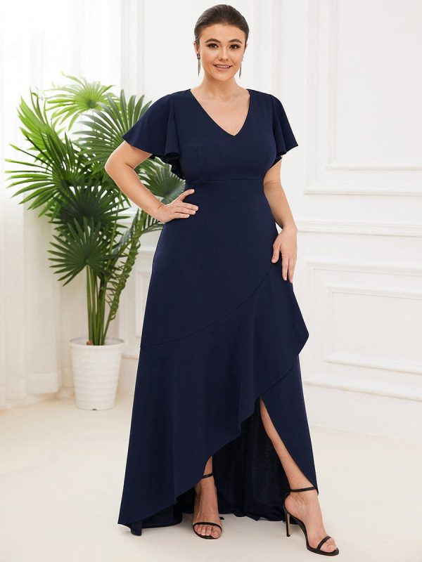 Elegant Plus Size Deep V-Neck Evening Dress with Ruffles Sleeves - Image 3