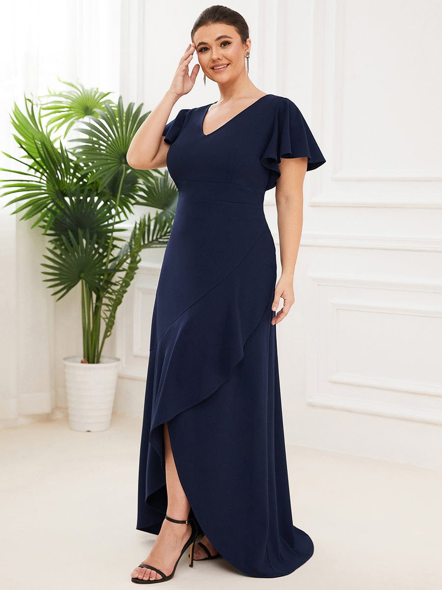 Elegant Plus Size Deep V-Neck Evening Dress with Ruffles Sleeves - Image 4