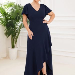 Elegant Plus Size Deep V-Neck Evening Dress with Ruffles Sleeves