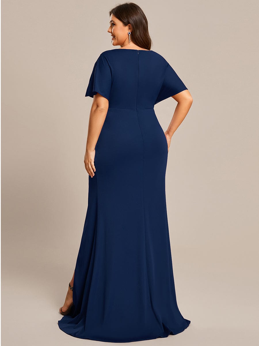 Elegant Plus Size Deep V-Neck Pleated Evening Gown with High Split - Image 18