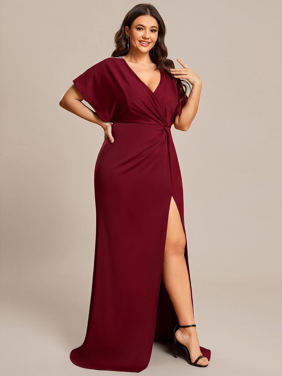 Elegant Plus Size Deep V-Neck Pleated Evening Gown with High Split - Image 8