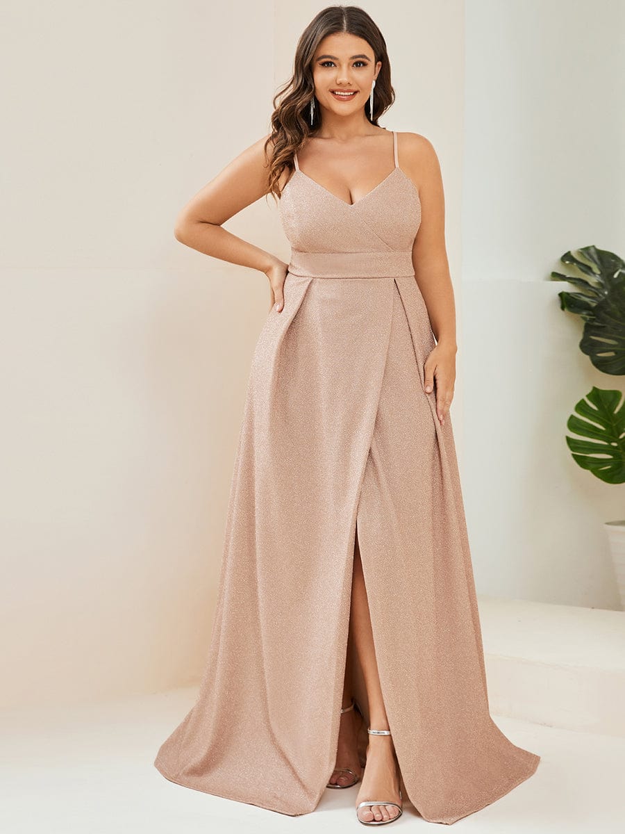 Elegant Plus Size Evening Gown with Spaghetti Straps and Pleated Detail - Image 40