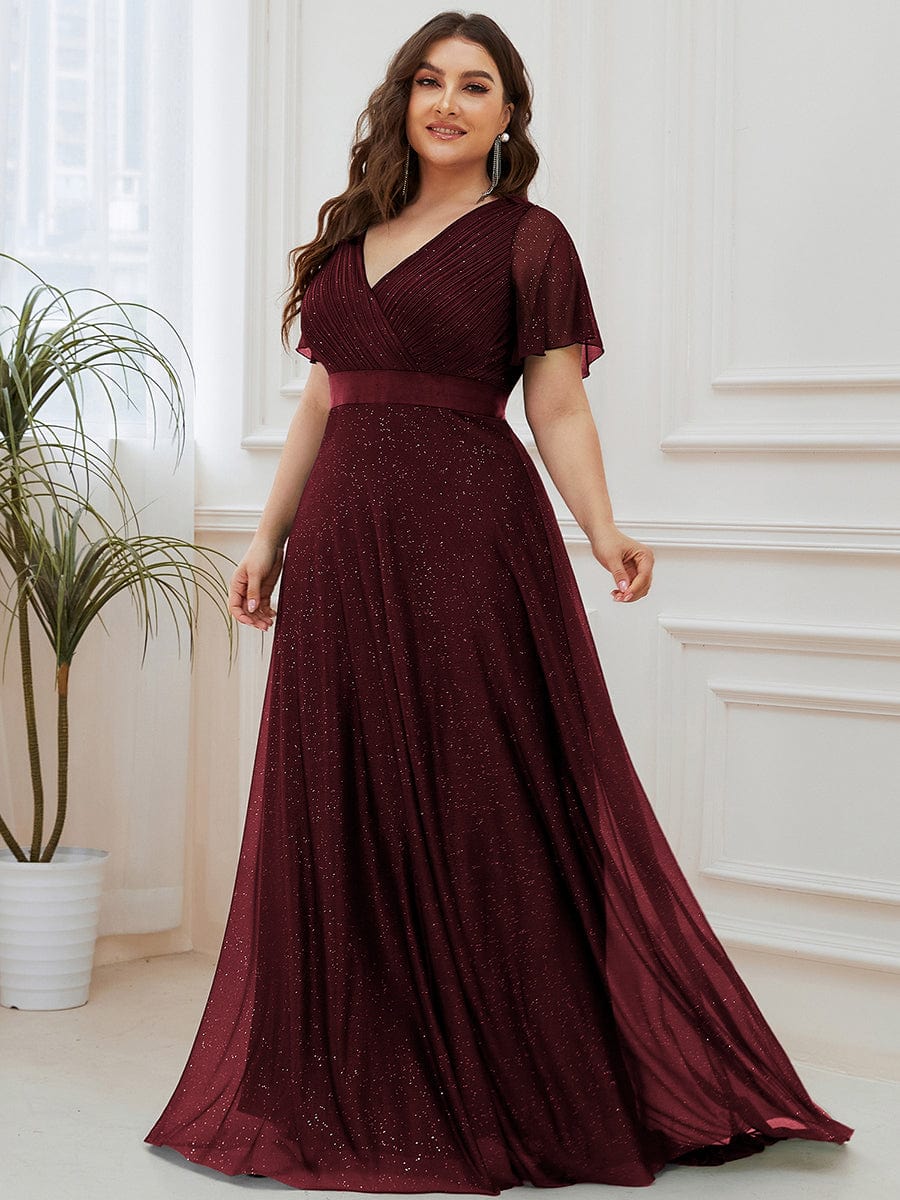 Elegant Plus Size Ruffled Sleeve Deep V Neck A Line Evening Dress - Image 21