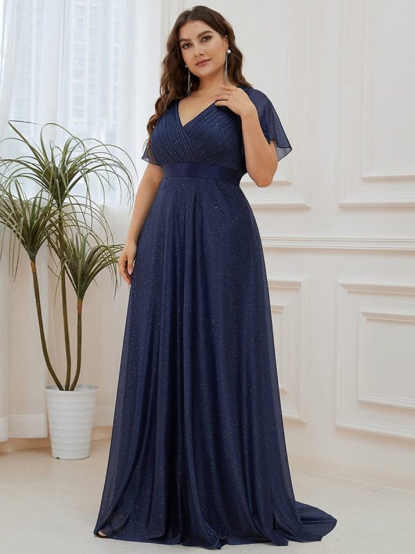 Elegant Plus Size Ruffled Sleeve Deep V Neck A Line Evening Dress - Image 3
