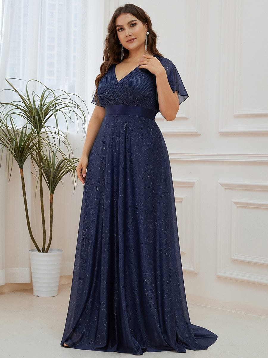 Elegant Plus Size Ruffled Sleeve Deep V Neck A Line Evening Dress - Image 3