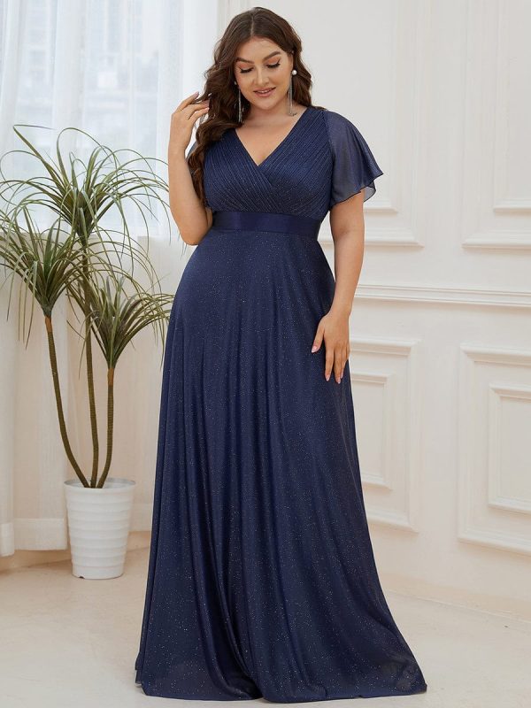 Elegant Plus Size Ruffled Sleeve Deep V Neck A Line Evening Dress - Image 4