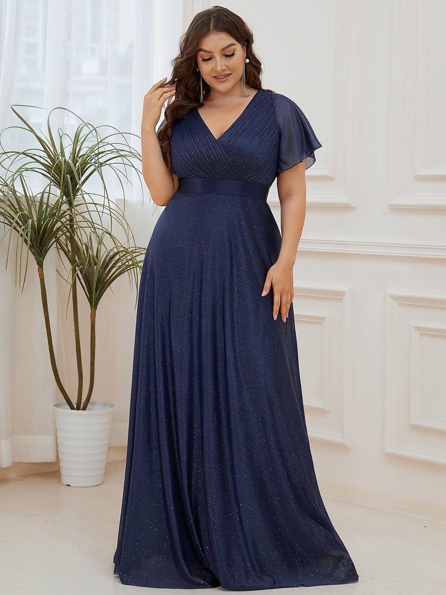 Elegant Plus Size Ruffled Sleeve Deep V Neck A Line Evening Dress - Image 4