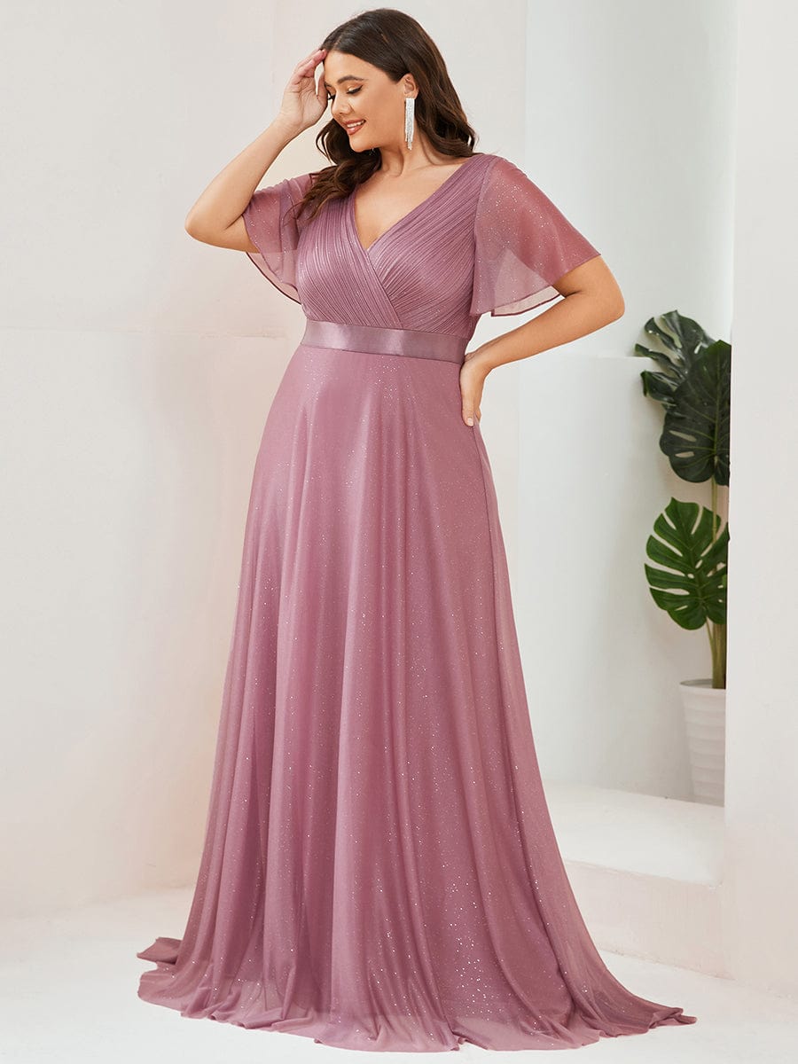 Elegant Plus Size Ruffled Sleeve Deep V Neck A Line Evening Dress - Image 20