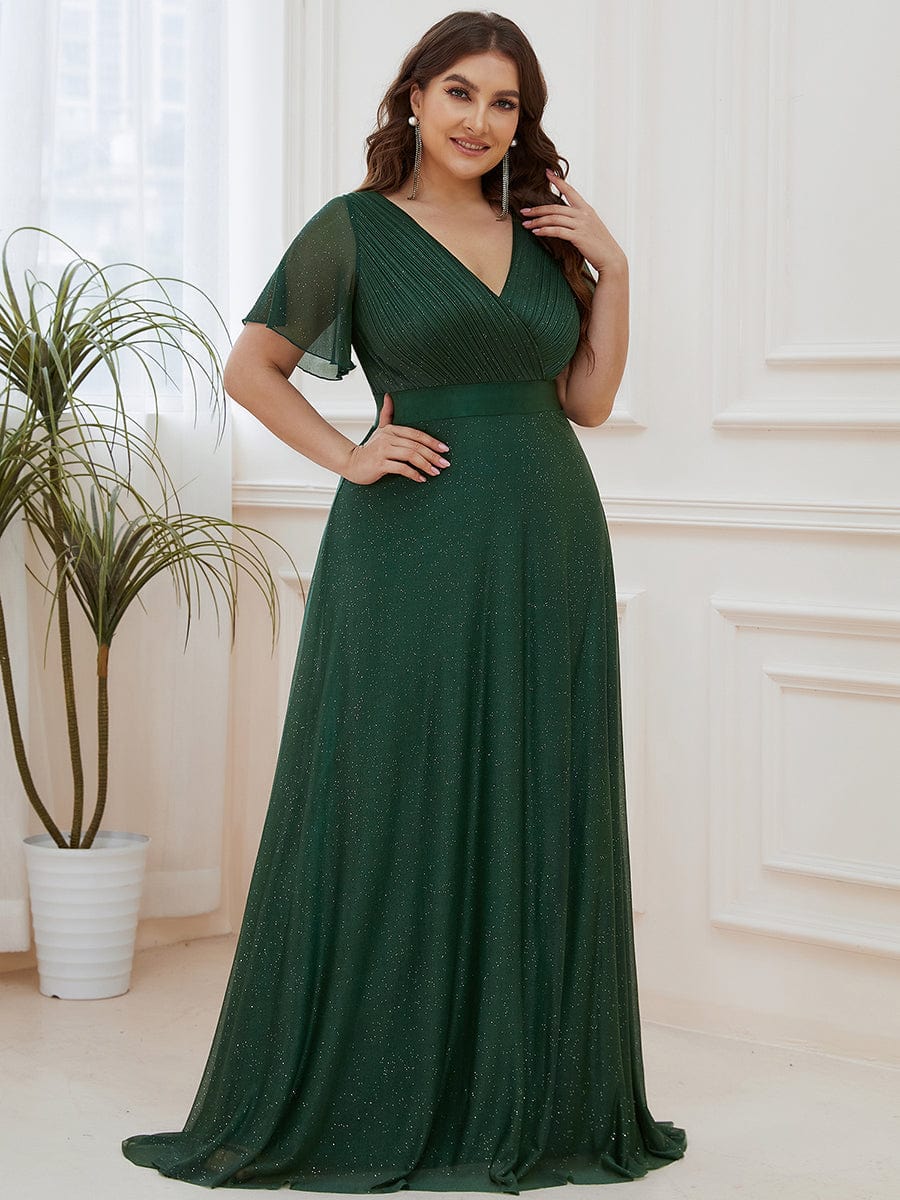 Elegant Plus Size Ruffled Sleeve Deep V Neck A Line Evening Dress - Image 8