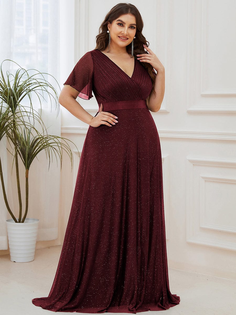 Elegant Plus Size Ruffled Sleeve Deep V Neck A Line Evening Dress - Image 28