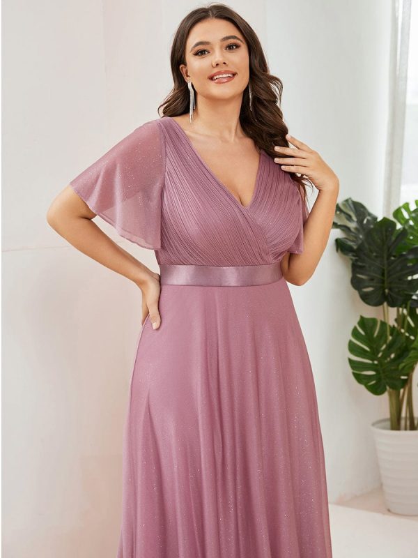 Elegant Plus Size Ruffled Sleeve Deep V Neck A Line Evening Dress - Image 23