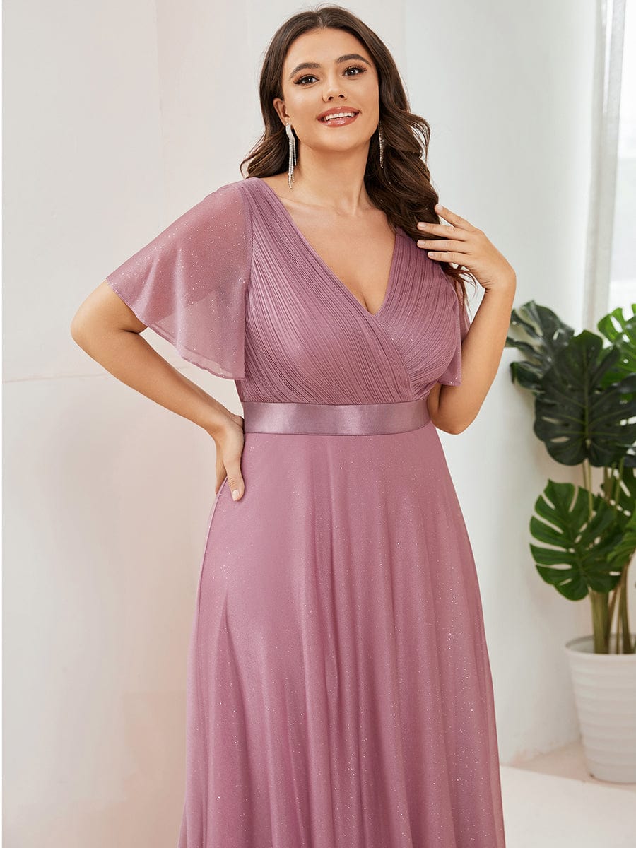 Elegant Plus Size Ruffled Sleeve Deep V Neck A Line Evening Dress - Image 23