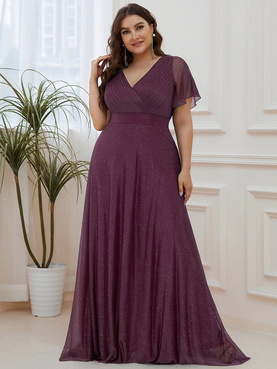 Elegant Plus Size Ruffled Sleeve Deep V Neck A Line Evening Dress - Image 22
