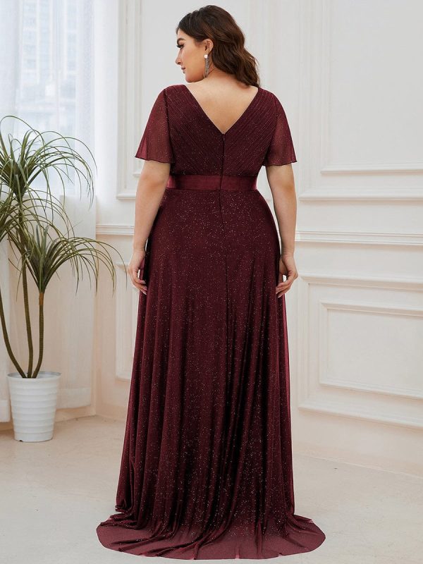 Elegant Plus Size Ruffled Sleeve Deep V Neck A Line Evening Dress - Image 30