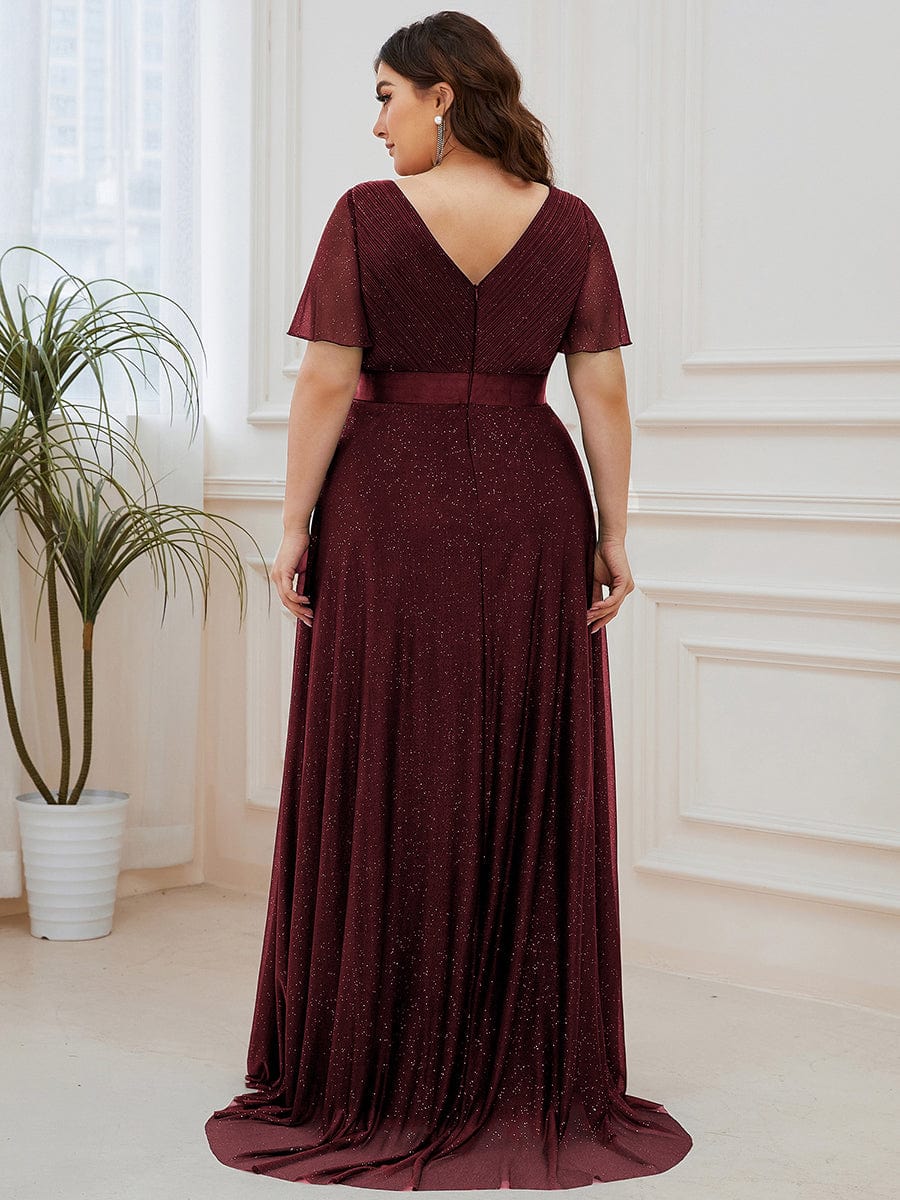 Elegant Plus Size Ruffled Sleeve Deep V Neck A Line Evening Dress - Image 30