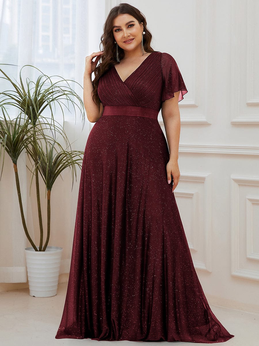 Elegant Plus Size Ruffled Sleeve Deep V Neck A Line Evening Dress - Image 29