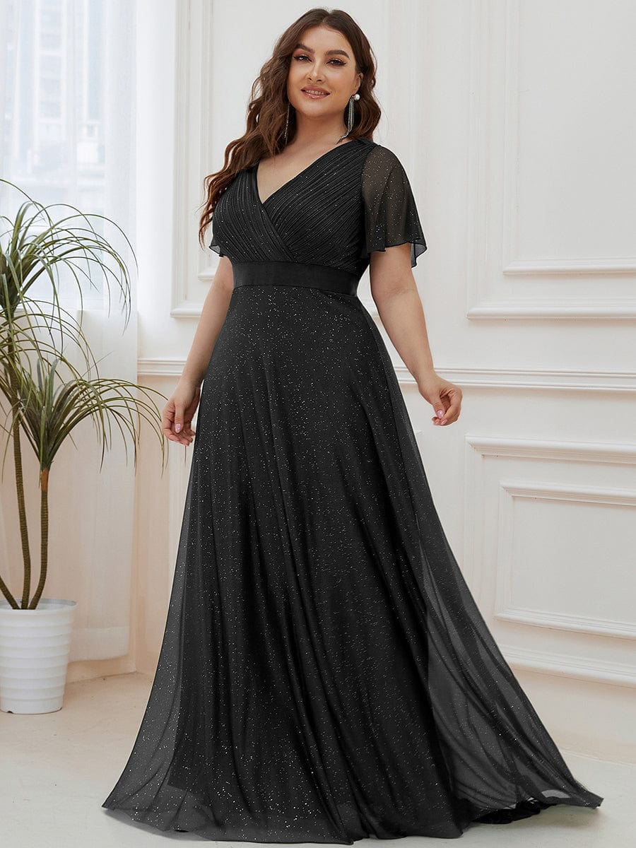 Elegant Plus Size Ruffled Sleeve Deep V Neck A Line Evening Dress - Image 15