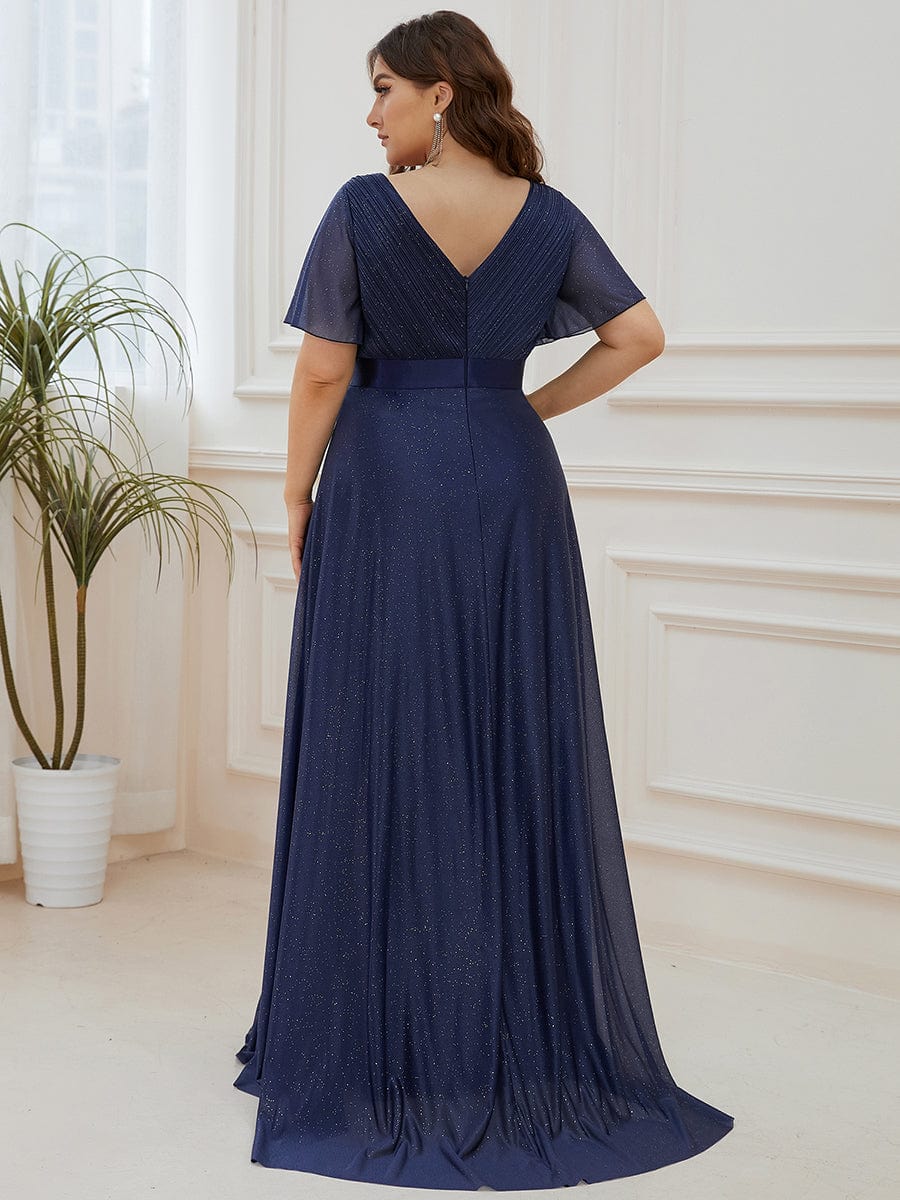 Elegant Plus Size Ruffled Sleeve Deep V Neck A Line Evening Dress - Image 2