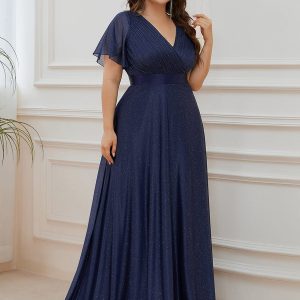 Elegant Plus Size Ruffled Sleeve Deep V Neck A Line Evening Dress