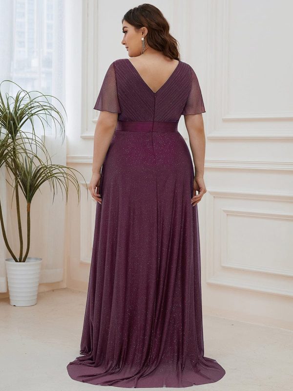 Elegant Plus Size Ruffled Sleeve Deep V Neck A Line Evening Dress - Image 24