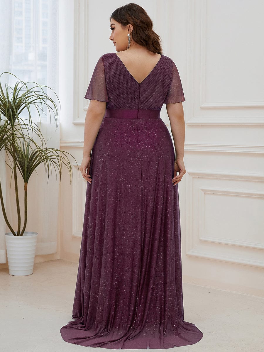 Elegant Plus Size Ruffled Sleeve Deep V Neck A Line Evening Dress - Image 24