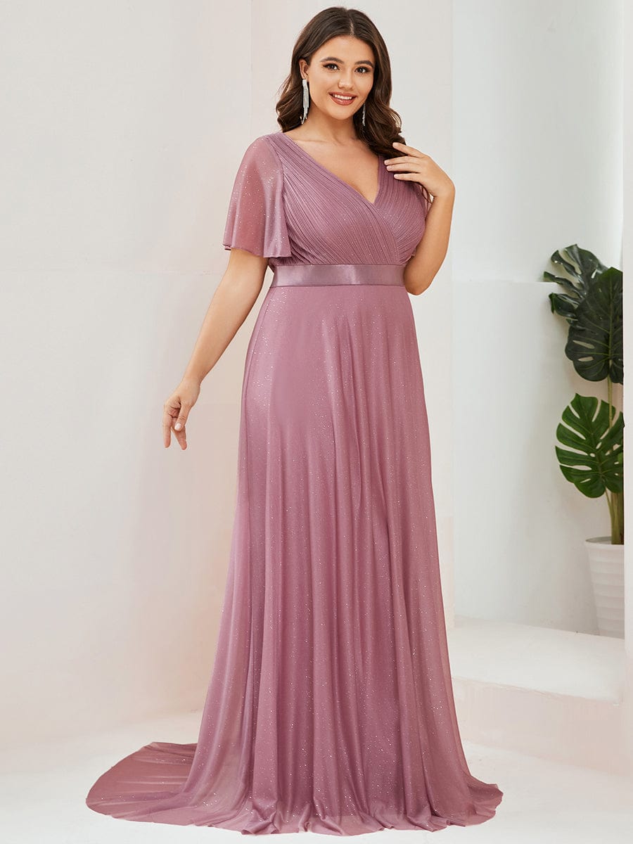 Elegant Plus Size Ruffled Sleeve Deep V Neck A Line Evening Dress - Image 19