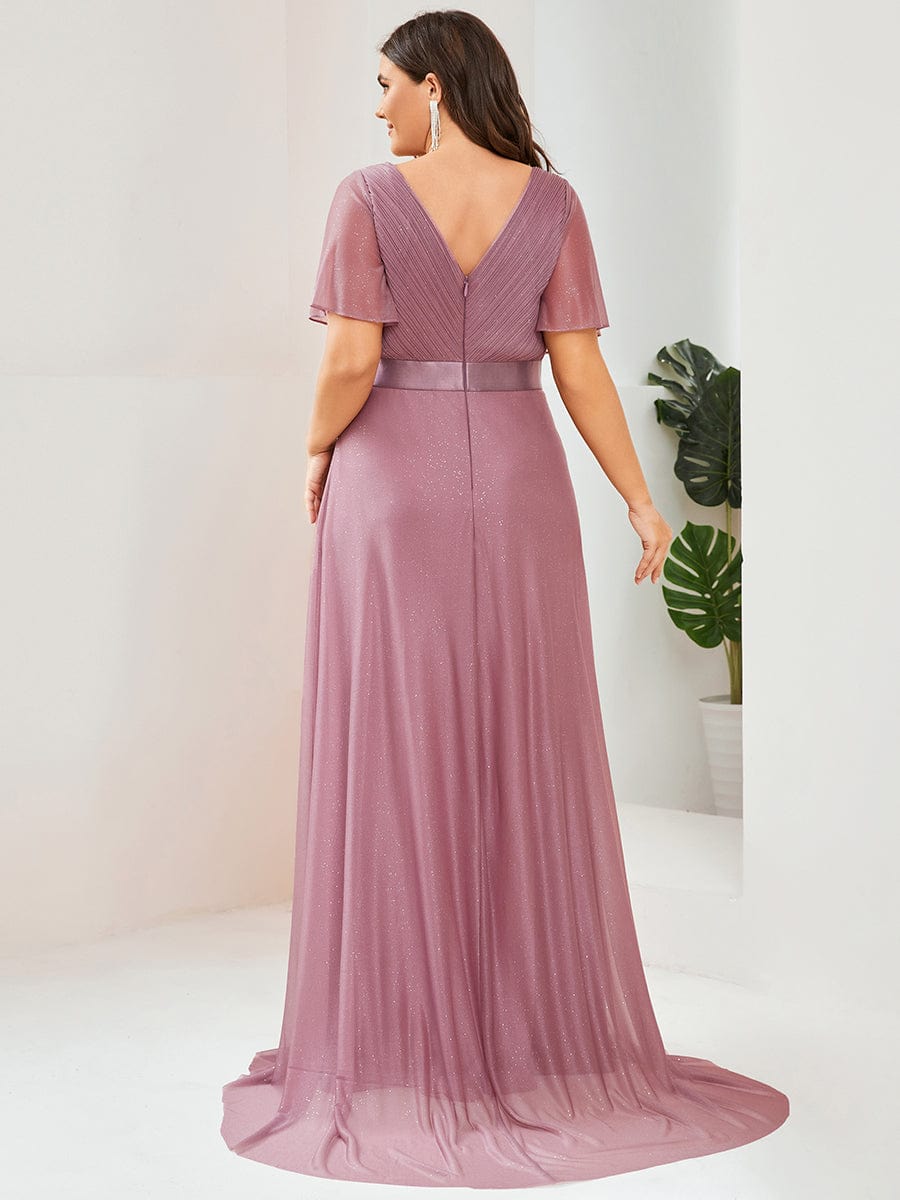 Elegant Plus Size Ruffled Sleeve Deep V Neck A Line Evening Dress - Image 18
