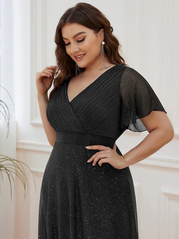 Elegant Plus Size Ruffled Sleeve Deep V Neck A Line Evening Dress - Image 16