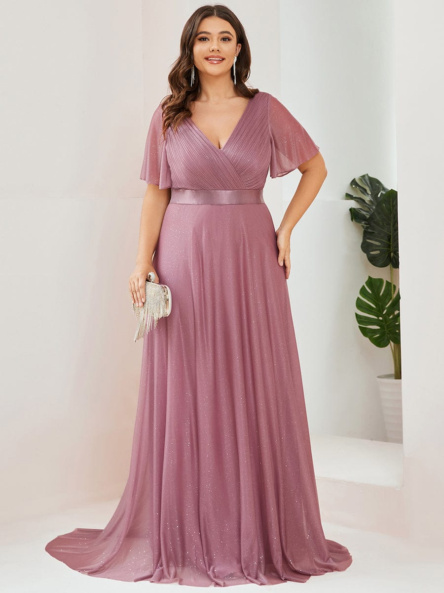 Elegant Plus Size Ruffled Sleeve Deep V Neck A Line Evening Dress - Image 17