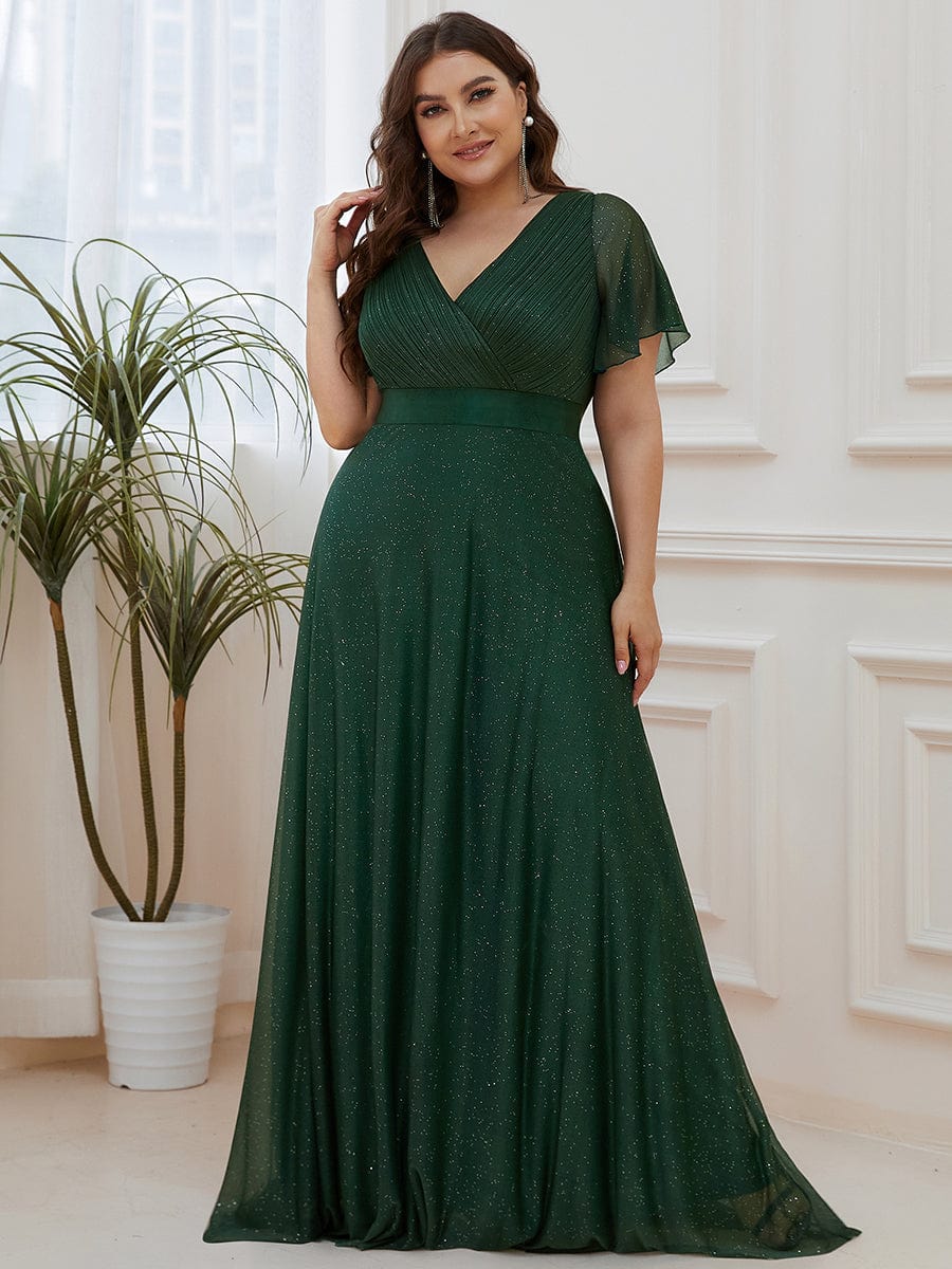 Elegant Plus Size Ruffled Sleeve Deep V Neck A Line Evening Dress - Image 6