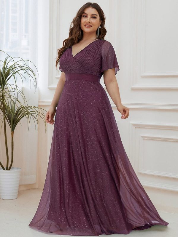 Elegant Plus Size Ruffled Sleeve Deep V Neck A Line Evening Dress - Image 26