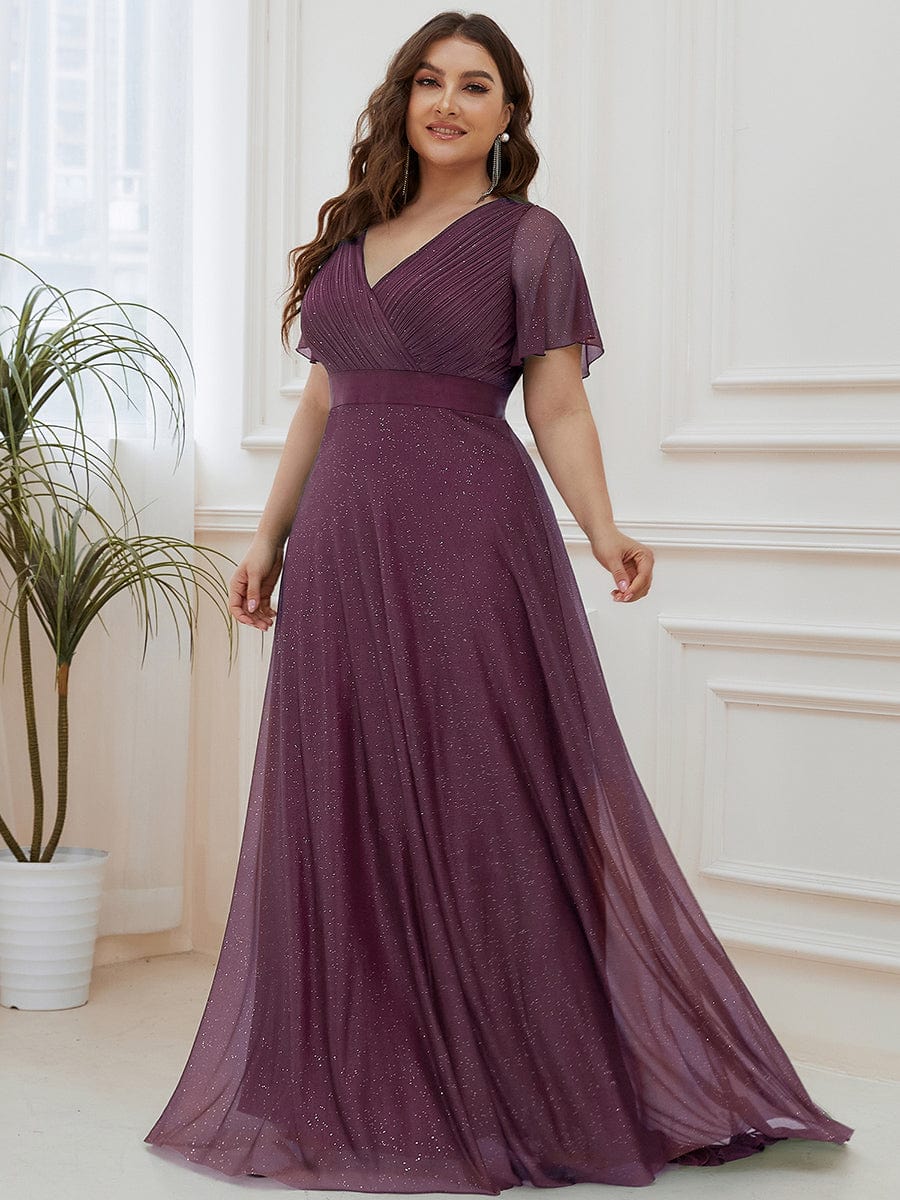 Elegant Plus Size Ruffled Sleeve Deep V Neck A Line Evening Dress - Image 26