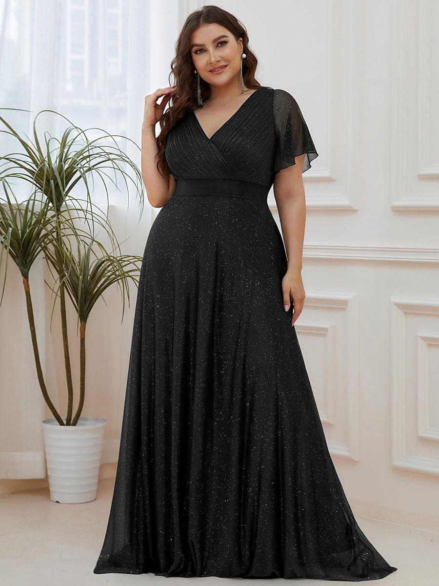 Elegant Plus Size Ruffled Sleeve Deep V Neck A Line Evening Dress - Image 11