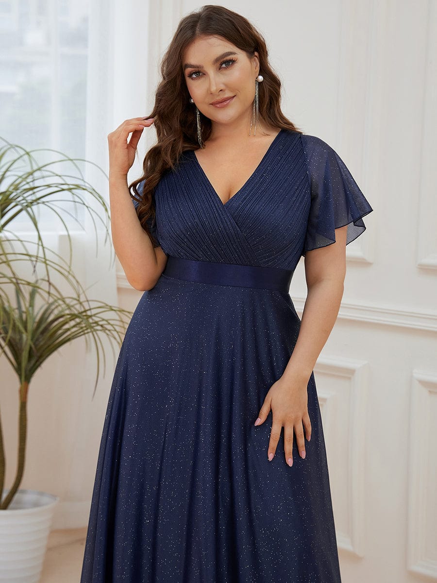 Elegant Plus Size Ruffled Sleeve Deep V Neck A Line Evening Dress - Image 5