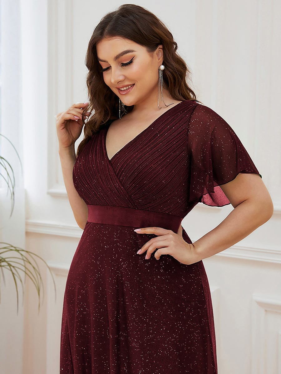 Elegant Plus Size Ruffled Sleeve Deep V Neck A Line Evening Dress - Image 31