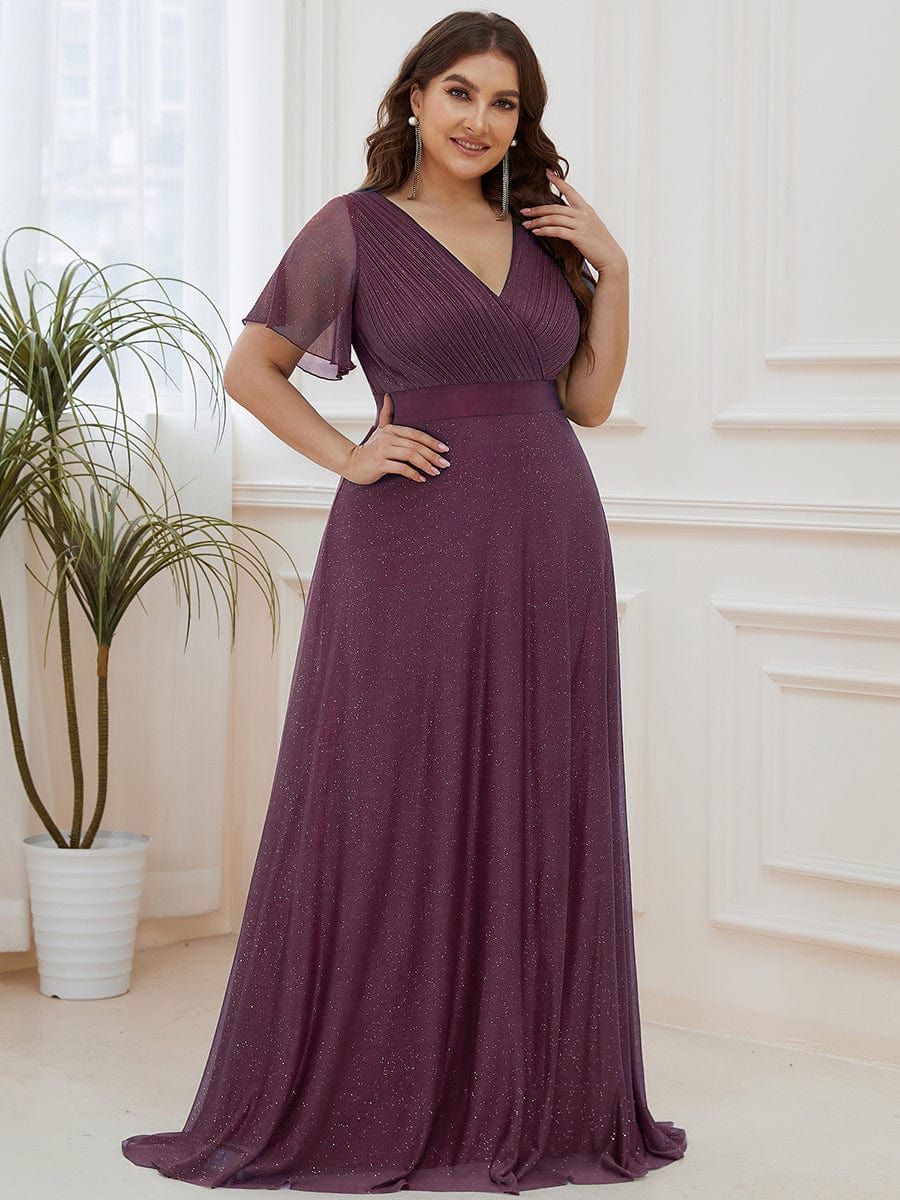 Elegant Plus Size Ruffled Sleeve Deep V Neck A Line Evening Dress - Image 25