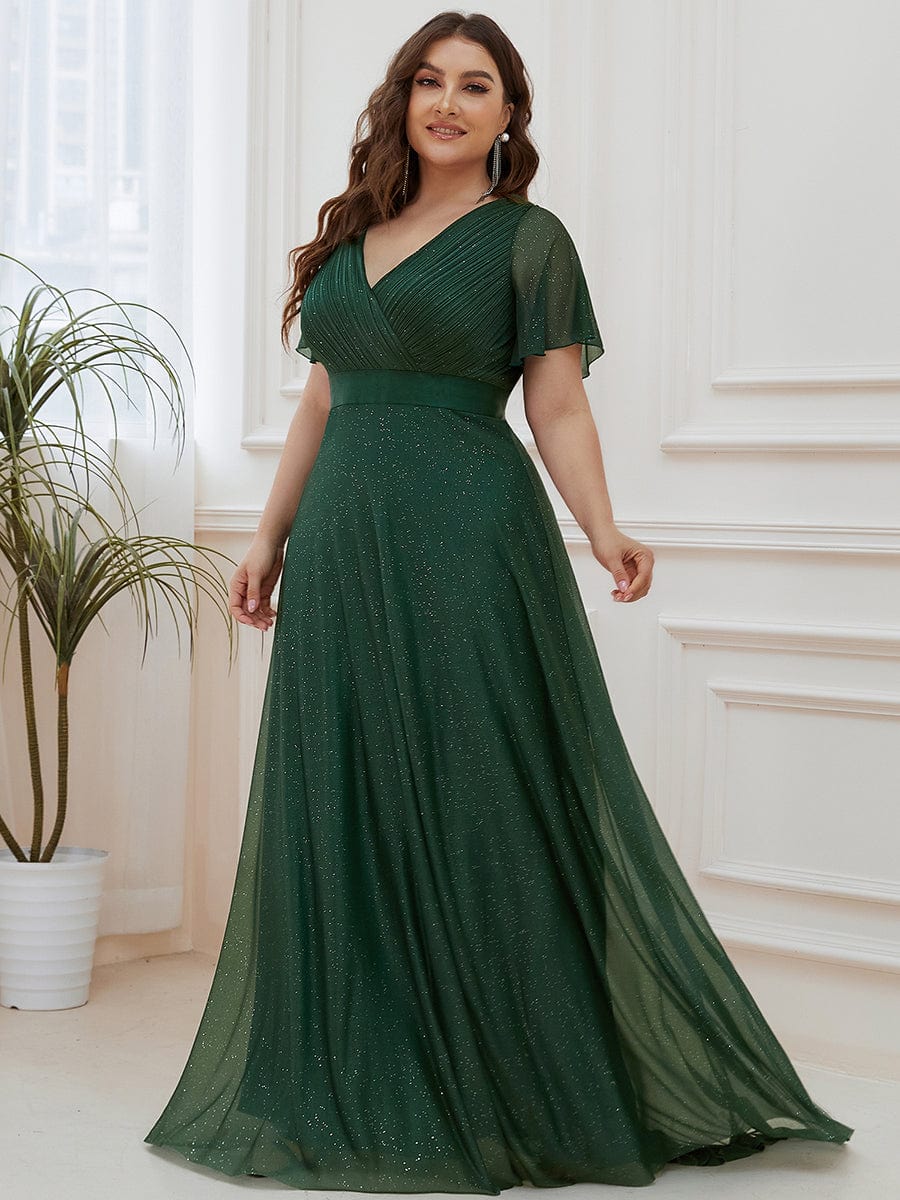 Elegant Plus Size Ruffled Sleeve Deep V Neck A Line Evening Dress - Image 9
