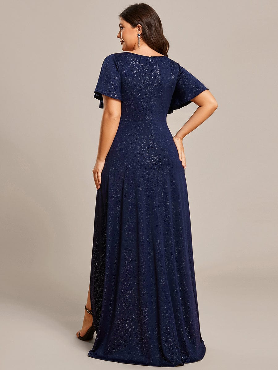 Elegant Plus-Size Shimmering Evening Gown with Split High-Low Hem and Ruffle Sleeves - Image 2
